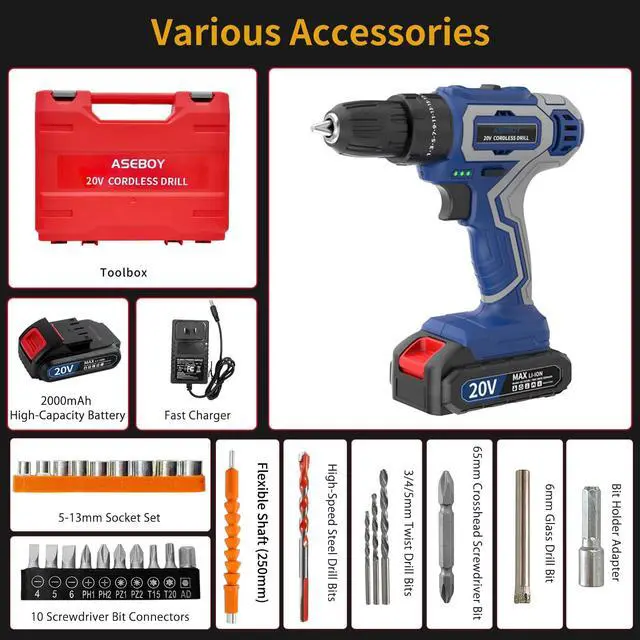 Alt view image 7 of 7 - Cordless Drill with Battery and Charger, 20V Cordless Hammer Drill Kit, 28Nm Torque, 3/8" Keyless Chuck, 2-Speed for Home Repair and DIY Projects(2 batteries)