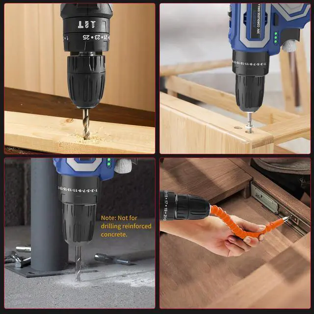 Alt view image 6 of 7 - Cordless Drill with Battery and Charger, 20V Cordless Hammer Drill Kit, 28Nm Torque, 3/8" Keyless Chuck, 2-Speed for Home Repair and DIY Projects(2 batteries)