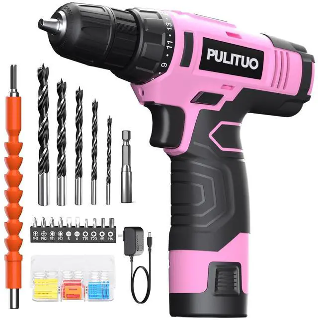 Main image of 12V Pink Cordless Drill Set - Power Drill Kit with Battery and Charger, 3/8-Inch Keyless Chuck, Built-in LED, 21+1 Torque Setting