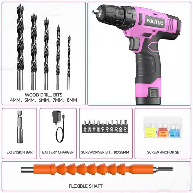 Alt view image 4 of 7 - 12V Pink Cordless Drill Set - Power Drill Kit with Battery and Charger, 3/8-Inch Keyless Chuck, Built-in LED, 21+1 Torque Setting