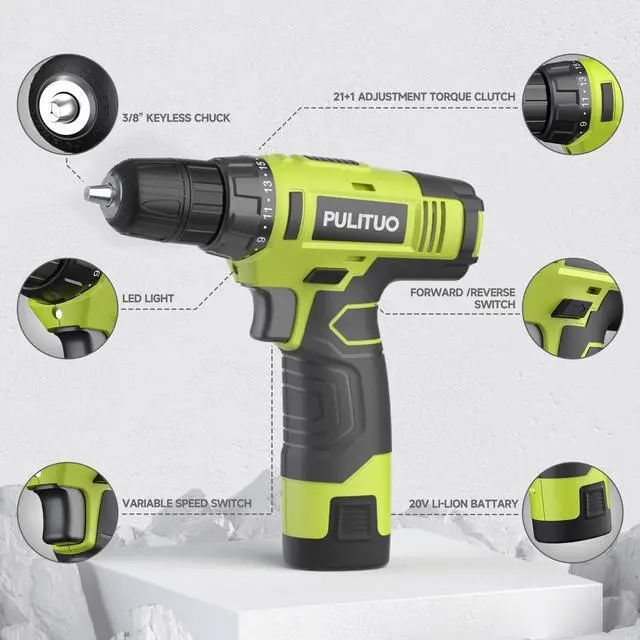Alt view image 3 of 7 - 12V Green Cordless Drill Set Power Drill Kit with Battery and Charger,electric drill home improvement,3/8-Inch Keyless Chuck,Built-in LED,21+1 Torque Setting
