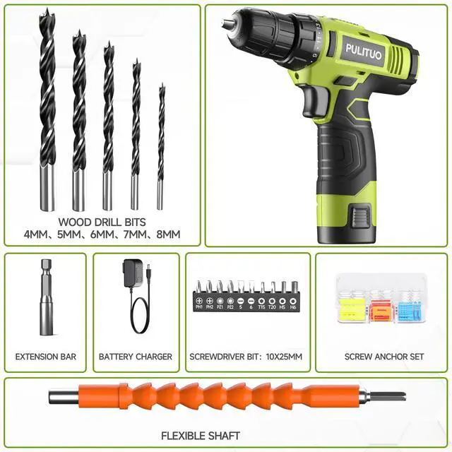 Alt view image 5 of 7 - 12V Green Cordless Drill Set Power Drill Kit with Battery and Charger,electric drill home improvement,3/8-Inch Keyless Chuck,Built-in LED,21+1 Torque Setting