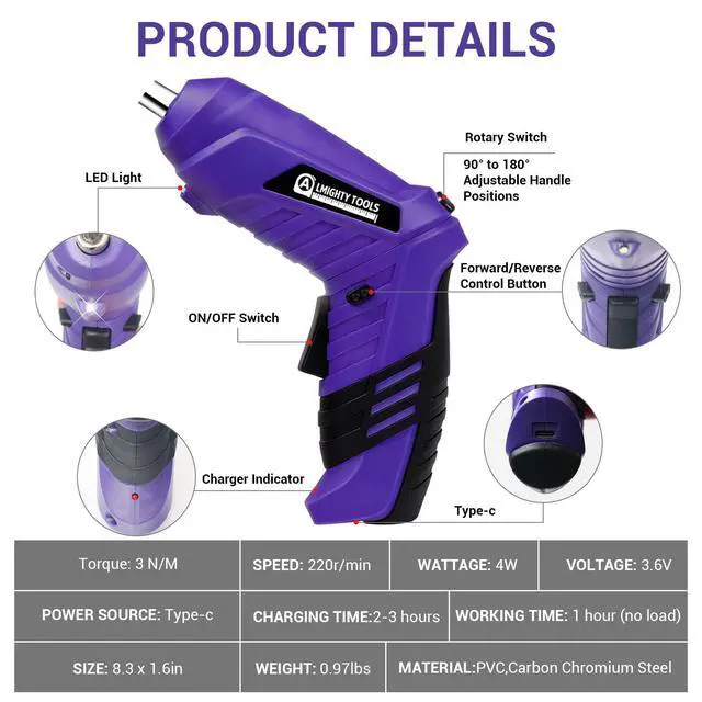 Alt view image 2 of 7 - Electric Screwdriver Cordless, 3.6V Cordless Screwdriver Rechargeable, 47Pcs Small Power Screwdriver Set with Pivoting Handle and LED Light, 3Nm Battery Screw Gun for DIY Enthusiasts