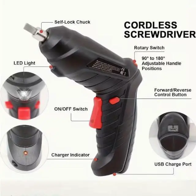 Alt view image 4 of 6 - Cordless Power Screwdriver, Electric Screwdriver Rechargeable Set, 47pcs Bits in Carrying Case Pivoting Handle and LED Lights, Small Drills Cordless
