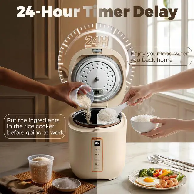 Alt view image 4 of 7 - Mini Rice Cooker 2 Cups Uncooked, 1.2L Rice Cooker Small, Portable Non-Stick Small Travel Rice Maker, BPA Free, Smart Control Multifunction Cooker with 24 Hours Timer Delay & Keep Warm Function, Beige