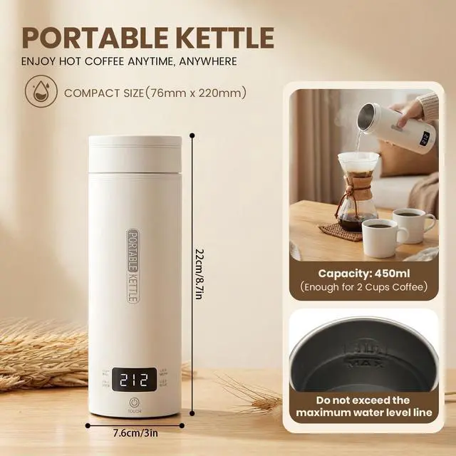 Alt view image 2 of 7 - Travel Tea Kettle120V, Portable Electric Kettle, 316 Stainless Steel Premium Liner, 4-speed Temperature Adjustment with Auto Shut-off and Boil-Off Protection,White.
