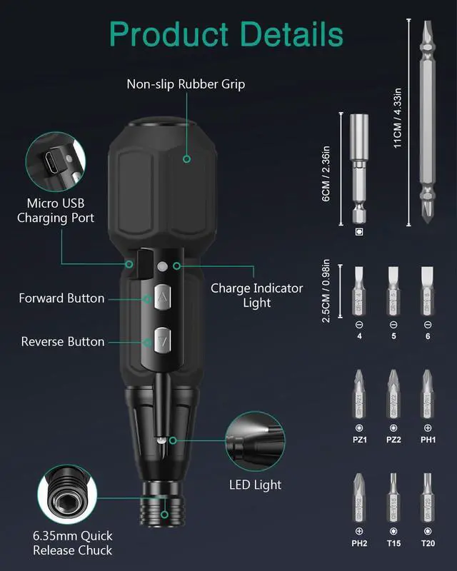 Alt view image 7 of 7 - Electric Screwdriver Cordless, 12 in 1 Rechargeable Electric Screwdriver Set with 10 Bits and 1/4 inch Bit Holder, Power Repair Tool Kit with LED Lights, Charging Cable, for Phones,Toys, PC