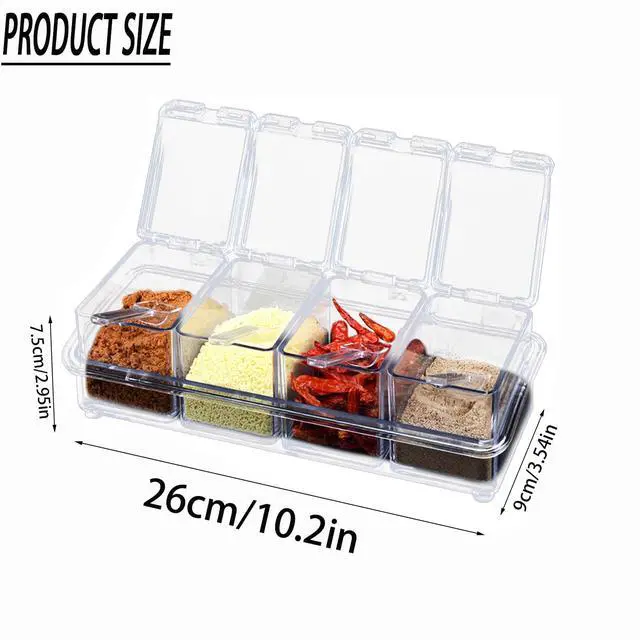Alt view image 2 of 6 - 4 clear seasoning boxes, spice jars, seasoning containers with lids for storing salt, sugar, and pepper, kitchen storage containers with spoons, lids, and trays (transparent)