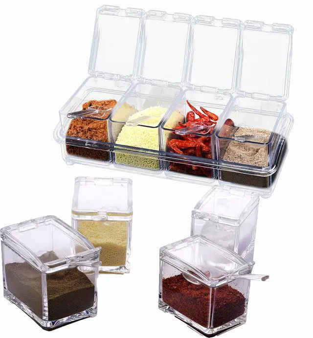 Main image of 4 clear seasoning boxes, spice jars, seasoning containers with lids for storing salt, sugar, and pepper, kitchen storage containers with spoons, lids, and trays (transparent)