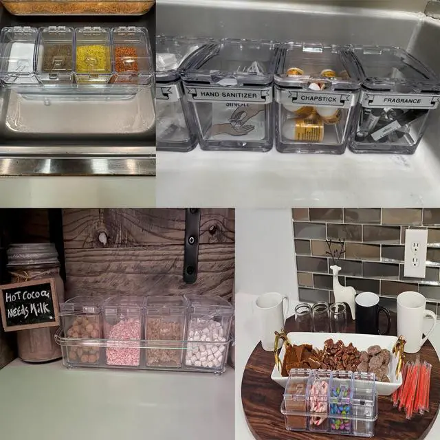 Alt view image 6 of 6 - 4 clear seasoning boxes, spice jars, seasoning containers with lids for storing salt, sugar, and pepper, kitchen storage containers with spoons, lids, and trays (transparent)