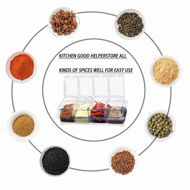 Alt view image 3 of 6 - 4 clear seasoning boxes, spice jars, seasoning containers with lids for storing salt, sugar, and pepper, kitchen storage containers with spoons, lids, and trays (transparent)