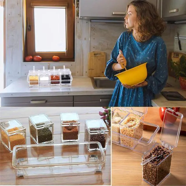 Alt view image 5 of 6 - 4 clear seasoning boxes, spice jars, seasoning containers with lids for storing salt, sugar, and pepper, kitchen storage containers with spoons, lids, and trays (transparent)