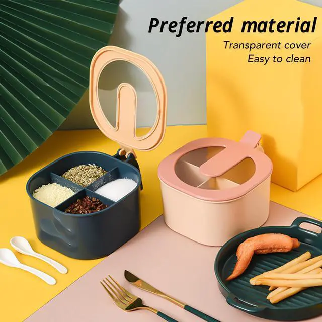 Alt view image 5 of 7 - Seasoning Box With Lid, 4 Compartments Seasoning Rack Spice Pots with Handle and 4 Spoons Home Kitchen Condiment Jars for Sugar Salt Pepper White