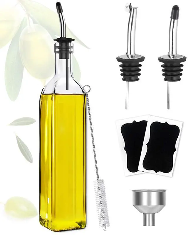 Main image of Olive Oil Dispenser, 17oz/500ml Square Tall Glass Container With 2 Stainless Steel Pourers, 2 Labels, 1 Brush and 1 Funnel for Kitchen