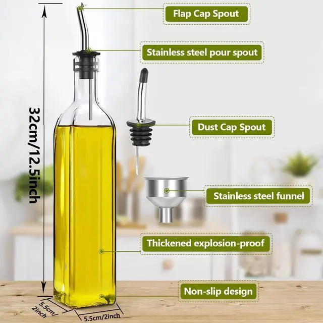 Alt view image 2 of 7 - Olive Oil Dispenser, 17oz/500ml Square Tall Glass Container With 2 Stainless Steel Pourers, 2 Labels, 1 Brush and 1 Funnel for Kitchen