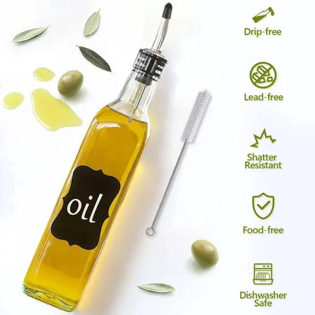 Alt view image 3 of 7 - Olive Oil Dispenser, 17oz/500ml Square Tall Glass Container With 2 Stainless Steel Pourers, 2 Labels, 1 Brush and 1 Funnel for Kitchen