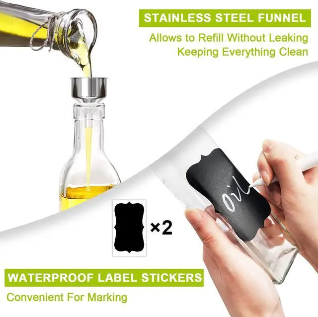 Alt view image 5 of 7 - Olive Oil Dispenser, 17oz/500ml Square Tall Glass Container With 2 Stainless Steel Pourers, 2 Labels, 1 Brush and 1 Funnel for Kitchen