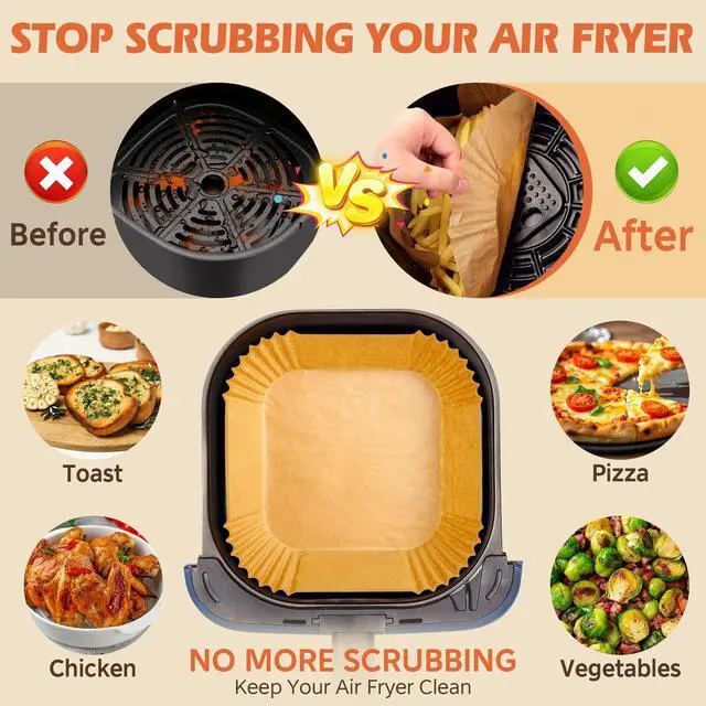 Alt view image 2 of 7 - Air Fryer Liners Disposable, 125Pcs Parchment Paper, 8 Inch Non-stick Air Fryer Paper Liners, Unbleached Square Airfryer Liners for 5-8QT Air Fryer, Baking, Roasting Microwave