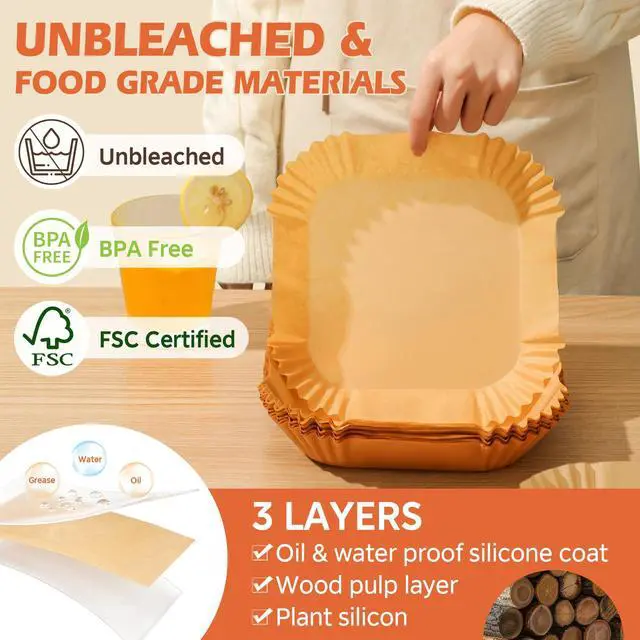 Alt view image 3 of 7 - Air Fryer Liners Disposable, 125Pcs Parchment Paper, 8 Inch Non-stick Air Fryer Paper Liners, Unbleached Square Airfryer Liners for 5-8QT Air Fryer, Baking, Roasting Microwave