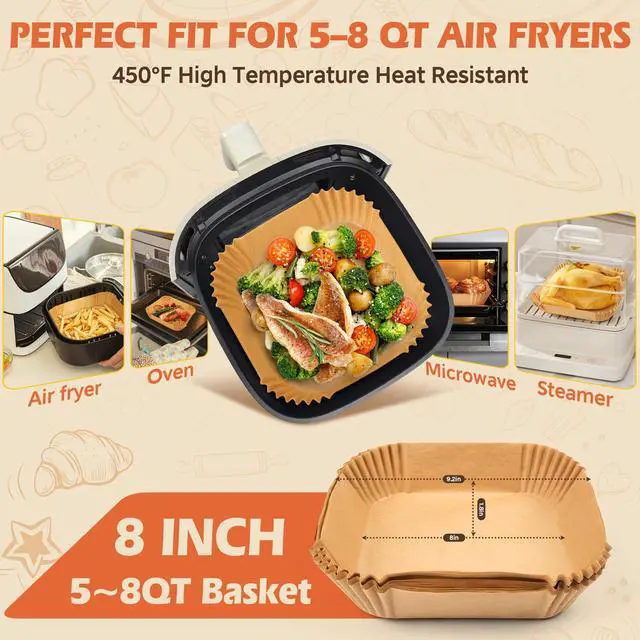 Alt view image 4 of 7 - Air Fryer Liners Disposable, 125Pcs Parchment Paper, 8 Inch Non-stick Air Fryer Paper Liners, Unbleached Square Airfryer Liners for 5-8QT Air Fryer, Baking, Roasting Microwave