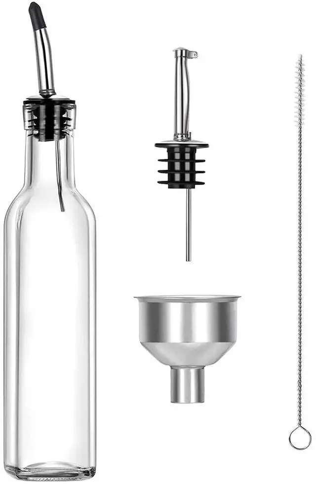 Main image of Olive Oil Dispenser 8 Oz, Oil Vinegar Cruet, Square Tall Glass Bottle W/Stainless Steel Pourer Spout & Stainless Steel Funnel SET OF 250 ML