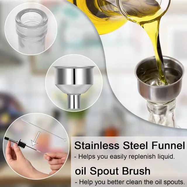 Alt view image 4 of 7 - Olive Oil Dispenser 8 Oz, Oil Vinegar Cruet, Square Tall Glass Bottle W/Stainless Steel Pourer Spout & Stainless Steel Funnel SET OF 250 ML
