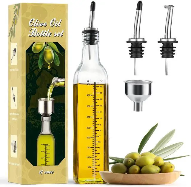 Main image of 17oz Glass Olive Oil Dispenser Bottle - 500ml Clear -Oil & Vinegar Cruet with Pourers and Funnel - Olive Oil Carafe Decanter for Kitchen