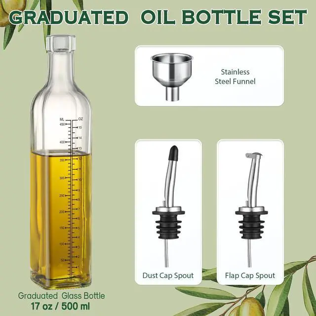 Alt view image 2 of 7 - 17oz Glass Olive Oil Dispenser Bottle - 500ml Clear -Oil & Vinegar Cruet with Pourers and Funnel - Olive Oil Carafe Decanter for Kitchen