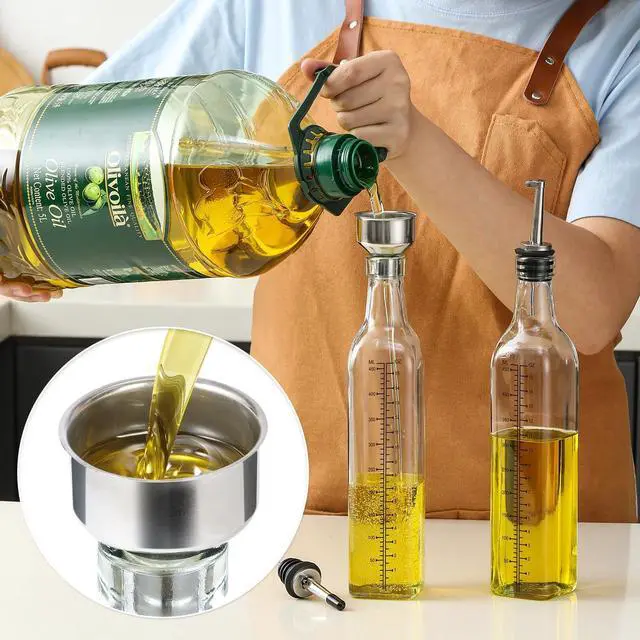 Alt view image 6 of 7 - 17oz Glass Olive Oil Dispenser Bottle - 500ml Clear -Oil & Vinegar Cruet with Pourers and Funnel - Olive Oil Carafe Decanter for Kitchen