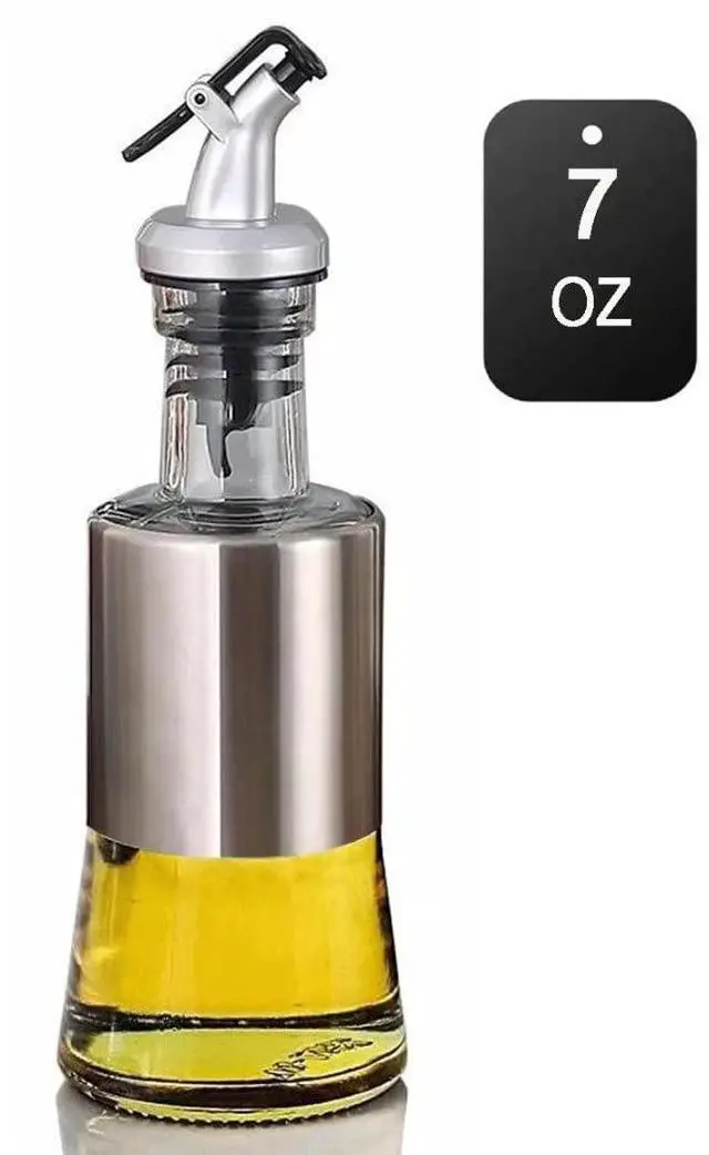 Main image of Olive Oil Dispenser - 7oz (200ml) Glass & Stainless Steel Oil & Vinegar Cruet with No-drip Spout & Pouring Funnel