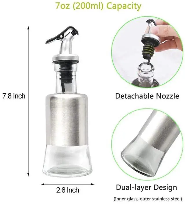 Alt view image 3 of 7 - Olive Oil Dispenser - 7oz (200ml) Glass & Stainless Steel Oil & Vinegar Cruet with No-drip Spout & Pouring Funnel