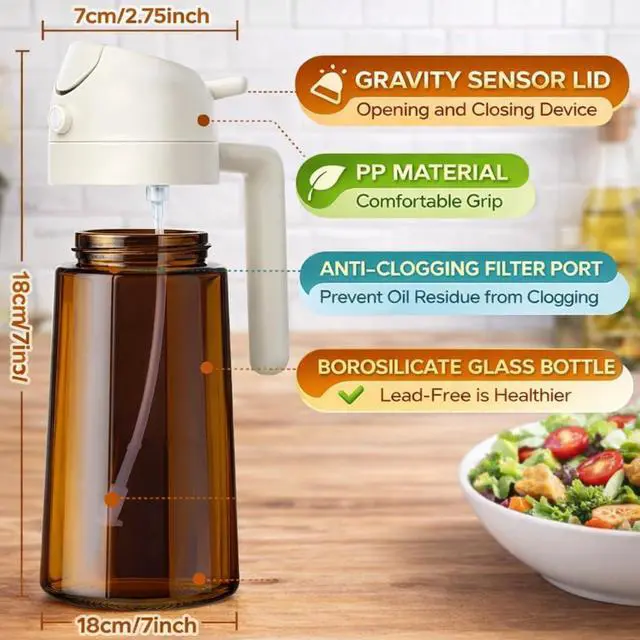 Alt view image 2 of 6 - Oil Sprayer for Cooking, 2 in 1 Olive Oil Dispenser, Bottle for Kitchen, 16oz/470ml Premium Dark Green Glass Oil Bottle, Oil Sprayer for Air Fryer, Salad, Frying, BBQ. (Black) (Brown)