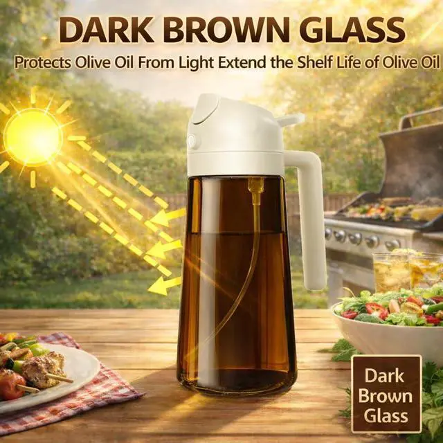 Alt view image 3 of 6 - Oil Sprayer for Cooking, 2 in 1 Olive Oil Dispenser, Bottle for Kitchen, 16oz/470ml Premium Dark Green Glass Oil Bottle, Oil Sprayer for Air Fryer, Salad, Frying, BBQ. (Black) (Brown)