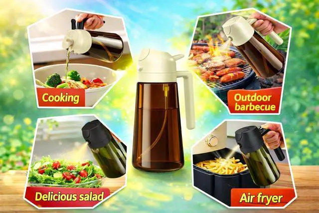 Alt view image 6 of 6 - Oil Sprayer for Cooking, 2 in 1 Olive Oil Dispenser, Bottle for Kitchen, 16oz/470ml Premium Dark Green Glass Oil Bottle, Oil Sprayer for Air Fryer, Salad, Frying, BBQ. (Black) (Brown)