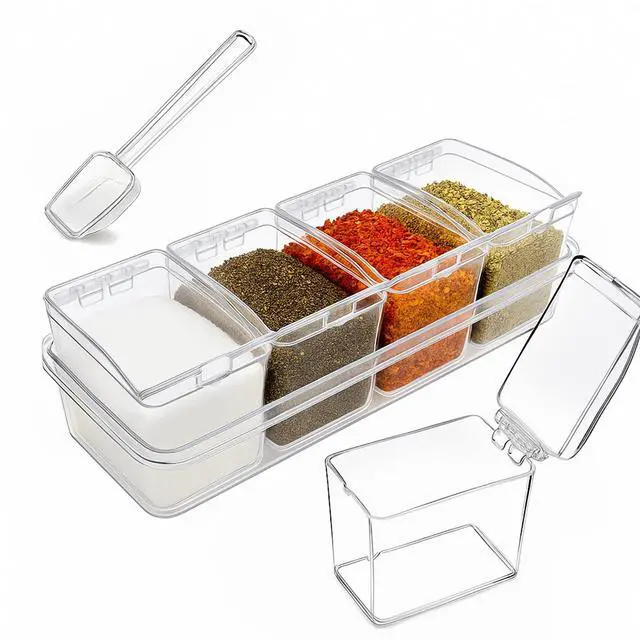 Main image of Clear Seasoning Box, 4 Pieces Seasoning Rack Spice Pots with Lids and Spoons, Toppings Containers, Acrylic Seasoning Box for Salt Spice, Pepper, Sugar, Cardamon, Cinnamon