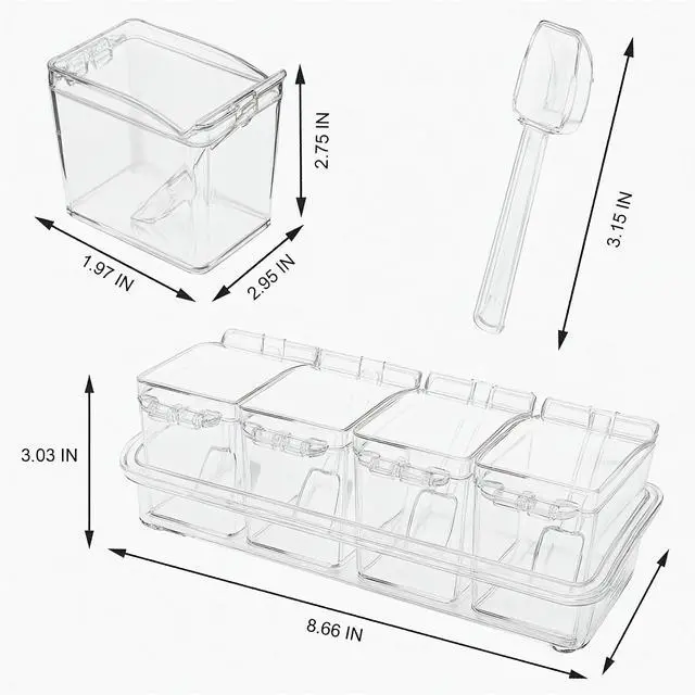 Alt view image 3 of 7 - Clear Seasoning Box, 4 Pieces Seasoning Rack Spice Pots with Lids and Spoons, Toppings Containers, Acrylic Seasoning Box for Salt Spice, Pepper, Sugar, Cardamon, Cinnamon