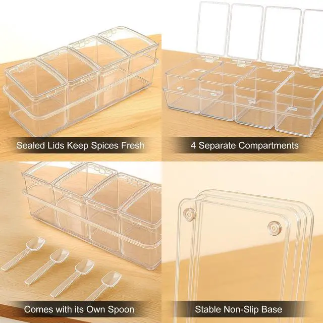 Alt view image 4 of 7 - Clear Seasoning Box, 4 Pieces Seasoning Rack Spice Pots with Lids and Spoons, Toppings Containers, Acrylic Seasoning Box for Salt Spice, Pepper, Sugar, Cardamon, Cinnamon
