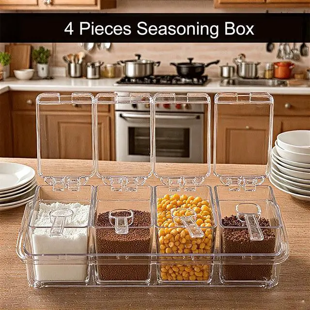 Alt view image 2 of 7 - Clear Seasoning Box, 4 Pieces Seasoning Rack Spice Pots with Lids and Spoons, Toppings Containers, Acrylic Seasoning Box for Salt Spice, Pepper, Sugar, Cardamon, Cinnamon