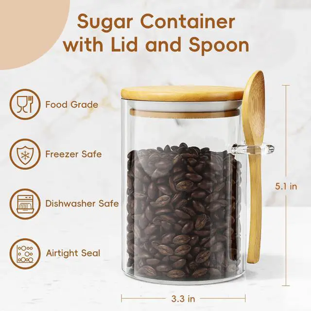 Alt view image 2 of 7 - Sugar Jar Glass Salt Container,15 Ounces Clear Airtight Caning with Bamboo Lid and Spoon Scoop, Storage Overnight Oats, Salts, Coffee Bean, Spice, Creamer, Food Organizer, Pack of 1