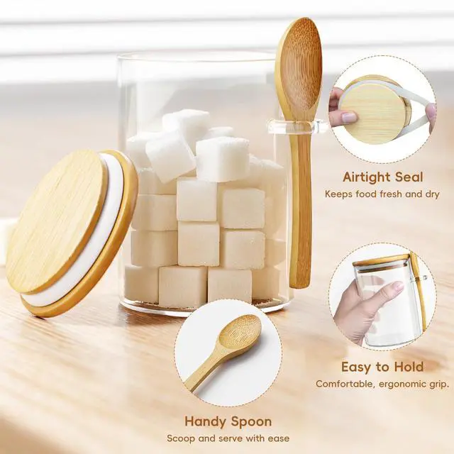 Alt view image 3 of 7 - Sugar Jar Glass Salt Container,15 Ounces Clear Airtight Caning with Bamboo Lid and Spoon Scoop, Storage Overnight Oats, Salts, Coffee Bean, Spice, Creamer, Food Organizer, Pack of 1