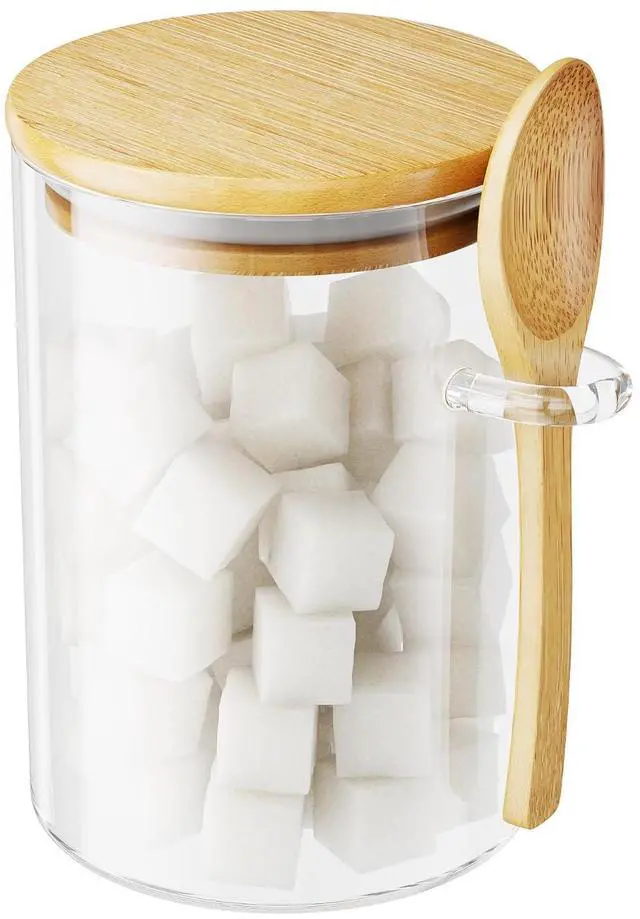 Main image of Sugar Jar Glass Salt Container,15 Ounces Clear Airtight Caning with Bamboo Lid and Spoon Scoop, Storage Overnight Oats, Salts, Coffee Bean, Spice, Creamer, Food Organizer, Pack of 1