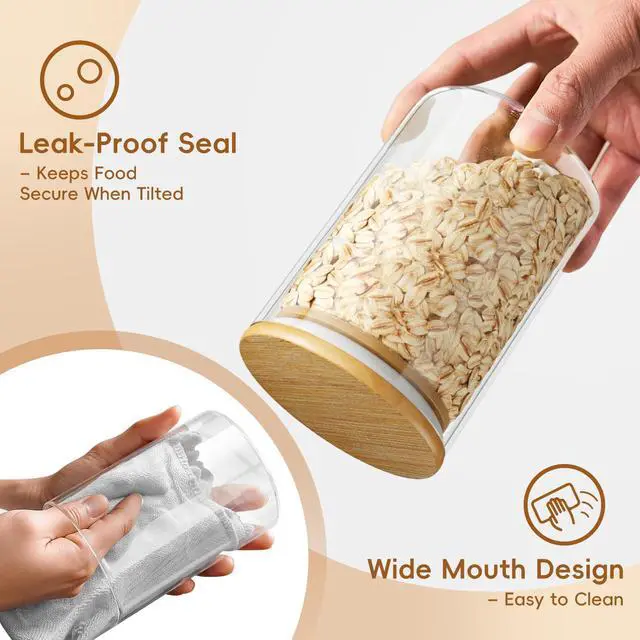 Alt view image 4 of 7 - Sugar Jar Glass Salt Container,15 Ounces Clear Airtight Caning with Bamboo Lid and Spoon Scoop, Storage Overnight Oats, Salts, Coffee Bean, Spice, Creamer, Food Organizer, Pack of 1