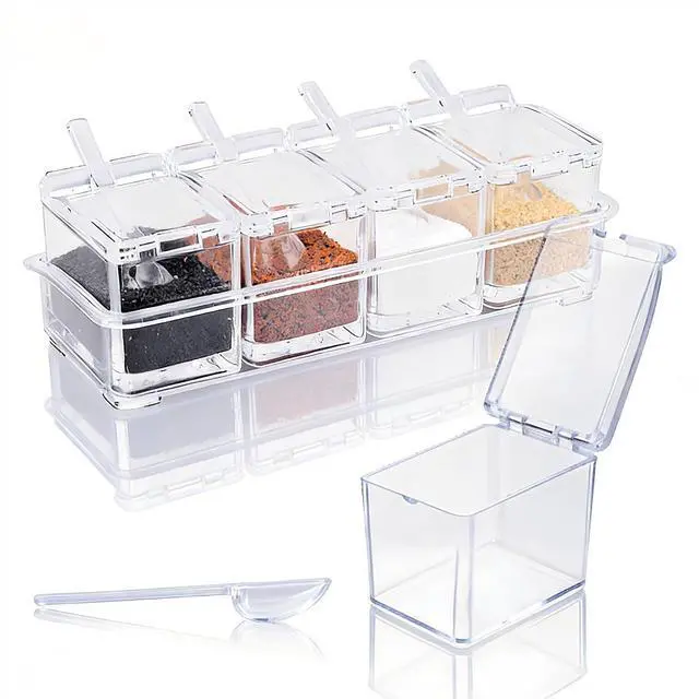 Main image of Clear Acrylic Seasoning Box, 4 Pieces Seasoning Rack Spice Pots, Condiment Storage Containers with Lids and Spoons, Toppings Containers for Salt Spice, Pepper, Sugar, Cardamon, Cinnamon