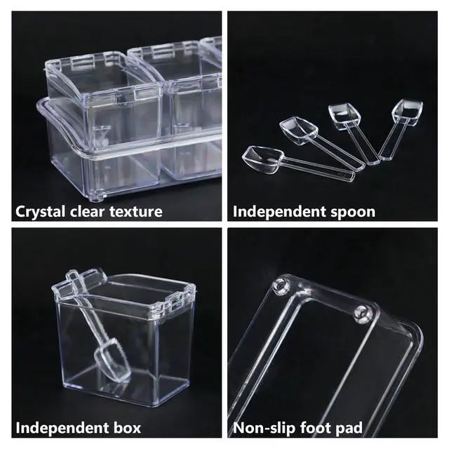 Alt view image 4 of 7 - Clear Acrylic Seasoning Box, 4 Pieces Seasoning Rack Spice Pots, Condiment Storage Containers with Lids and Spoons, Toppings Containers for Salt Spice, Pepper, Sugar, Cardamon, Cinnamon