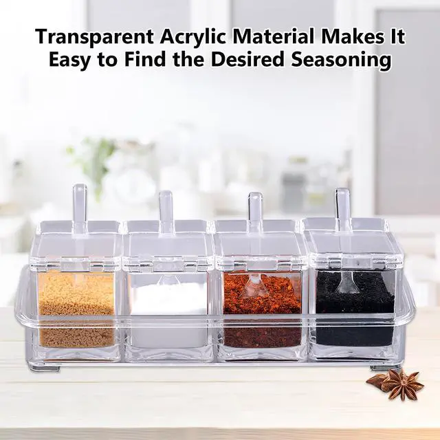 Alt view image 6 of 7 - Clear Acrylic Seasoning Box, 4 Pieces Seasoning Rack Spice Pots, Condiment Storage Containers with Lids and Spoons, Toppings Containers for Salt Spice, Pepper, Sugar, Cardamon, Cinnamon