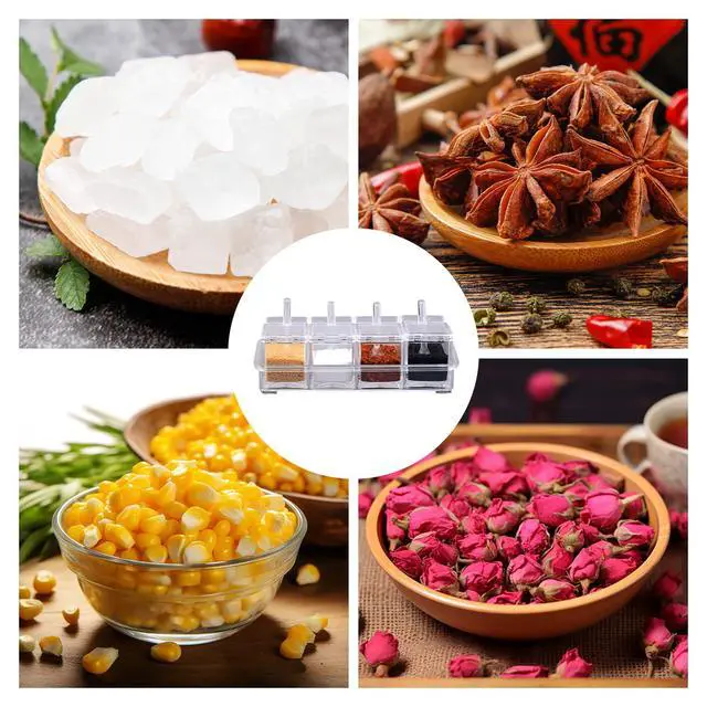 Alt view image 7 of 7 - Clear Acrylic Seasoning Box, 4 Pieces Seasoning Rack Spice Pots, Condiment Storage Containers with Lids and Spoons, Toppings Containers for Salt Spice, Pepper, Sugar, Cardamon, Cinnamon