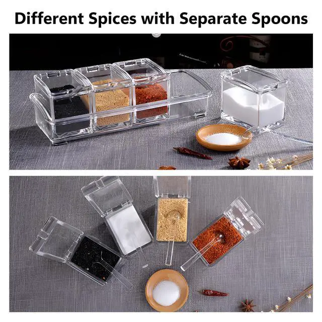 Alt view image 3 of 7 - Clear Acrylic Seasoning Box, 4 Pieces Seasoning Rack Spice Pots, Condiment Storage Containers with Lids and Spoons, Toppings Containers for Salt Spice, Pepper, Sugar, Cardamon, Cinnamon