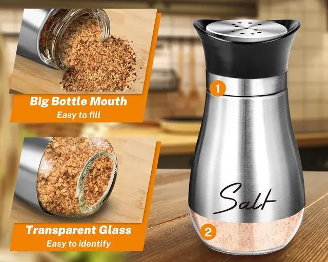 Alt view image 3 of 7 - Salt Shakers and Pepper Set,4 oz Glass Bottom Salt Pepper Shaker with Stainless Steel Lid for Kitchen Gadgets Cooking Table, RV, Camp,BBQ Refillable Design (Silver)