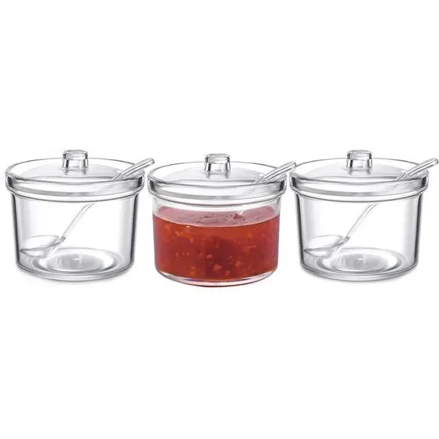 Alt view image 4 of 7 - Acrylic Set of 3 Condiment Container Seasoning Box Spice Container with Lids and Spoons for Kithchen Gourmet Organizer for Home