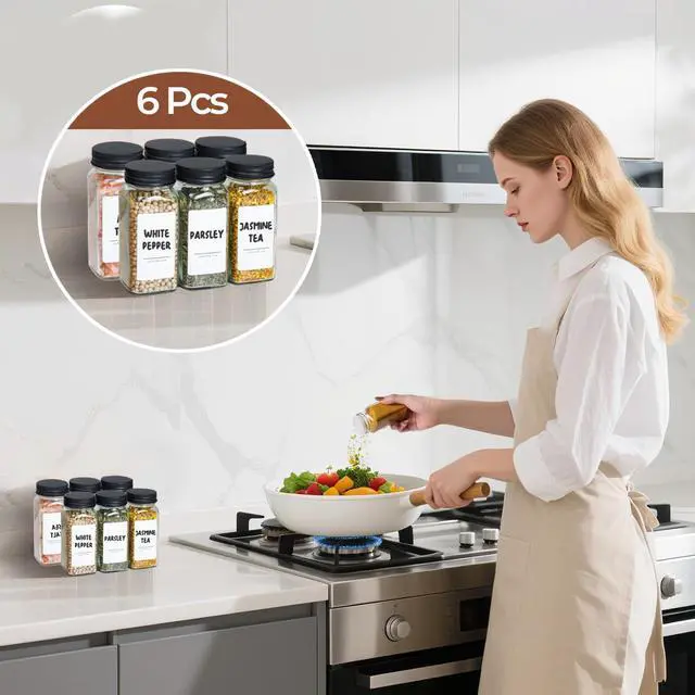 Alt view image 6 of 6 - 6Pcs 4oz Glass Spice Jars with Shaker Lids, 21 Labels, Spice Jars Trial Set & Supplement Set, Empty Spice Containers and Square Spice Bottles for Kitchen and Seasoning